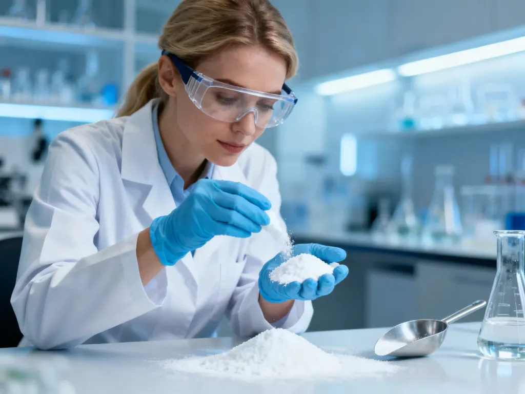 Specjalistka w laboratorium bezpiecznie odmierza sodę kaustyczną, zachowując środki ochrony osobistej.