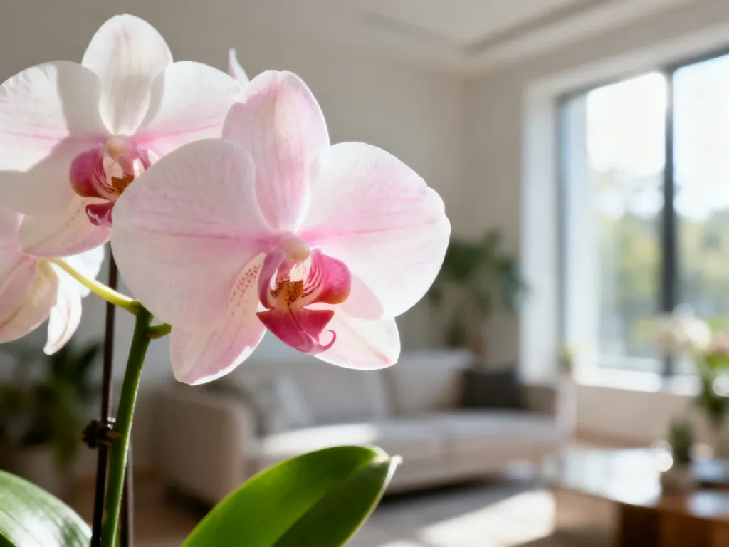 Zbliżenie na kwitnącego storczyka Phalaenopsis o delikatnych płatkach w jasnym, nowoczesnym salonie.