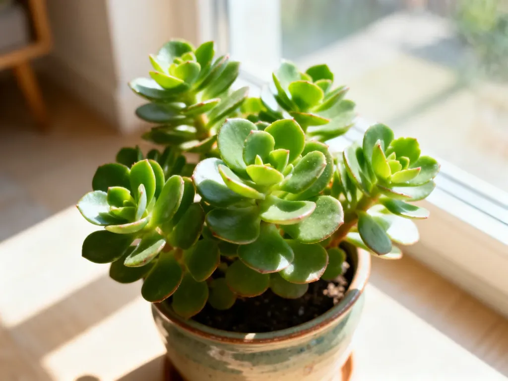 Zdrowe kalanchoe z soczyście zielonymi liśćmi w ceramicznej doniczce, ustawione w nasłonecznionym, przytulnym wnętrzu.