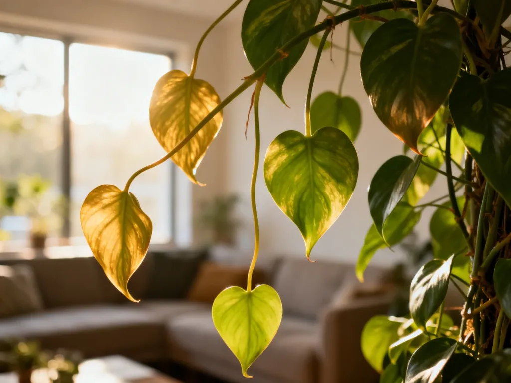 Zbliżenie na liście Philodendron spiritus sancti o charakterystycznym, wydłużonym kształcie w słonecznym salonie.